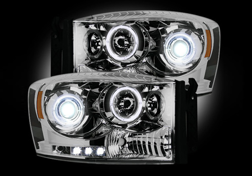 Recon Chrome Headlights with LED Halo & Daytime 06-08 Dodge Ram - Click Image to Close